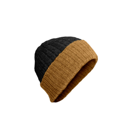 100% Alpaca 2 Layered Reversible Beanie - BROWN/BLACK